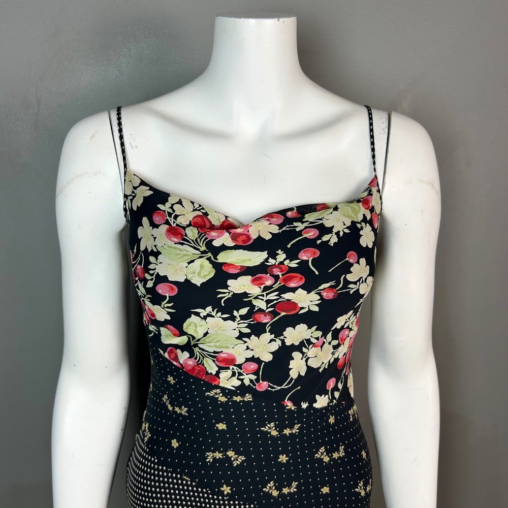 90s Slip Dress Cherries Floral Size 1/2 XS Express Silk Patchwork Retro - Picture 8 of 12